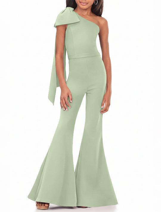 One-Shoulder Girls Prom Jumpsuits with Bowknot