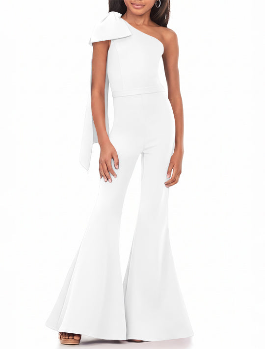 One-Shoulder Girls Prom Jumpsuits with Bowknot