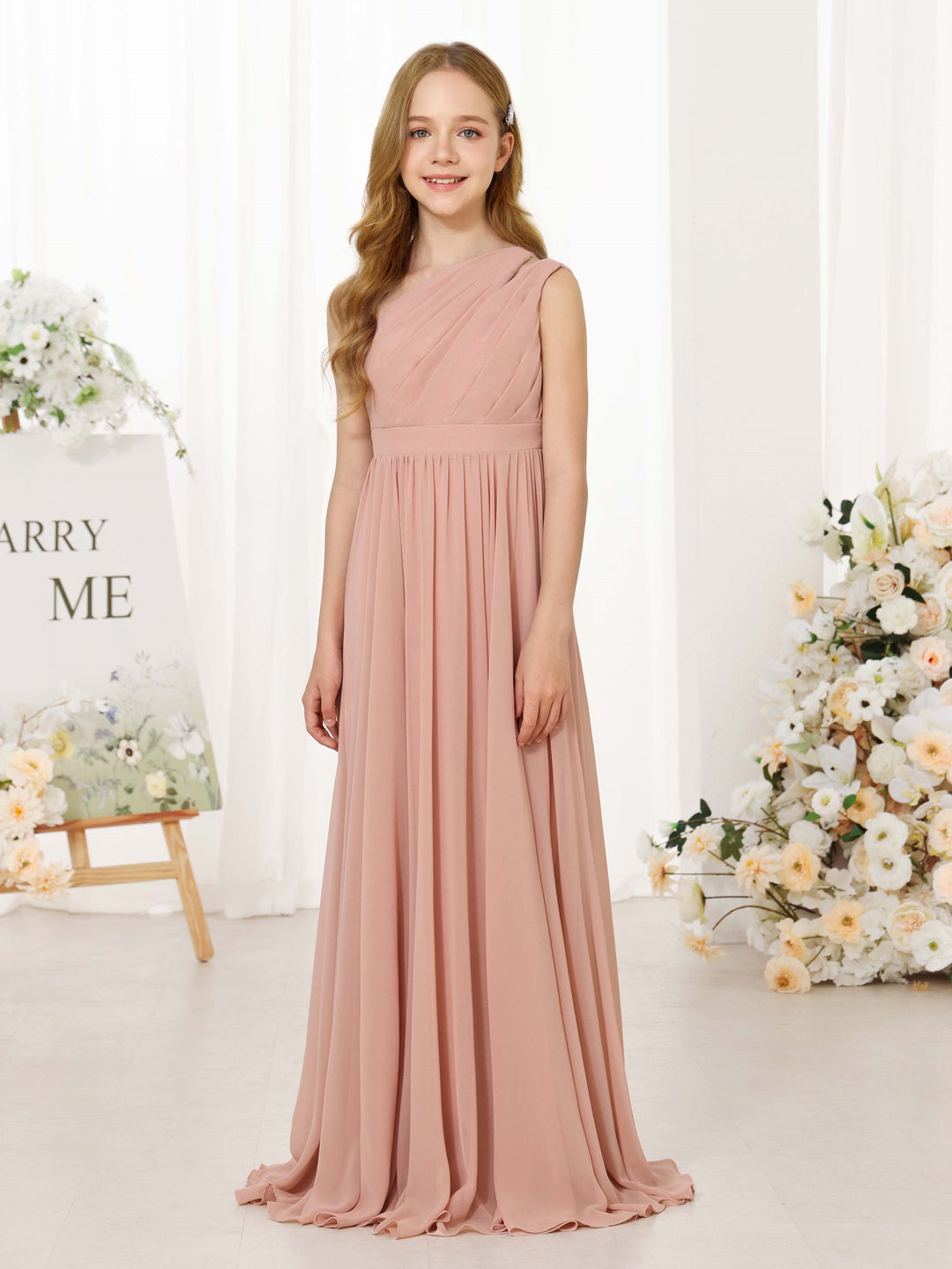 A-Line/Princess Chiffon Sleeveless One-Shoulder Floor-Length  Flower Girl Dresses