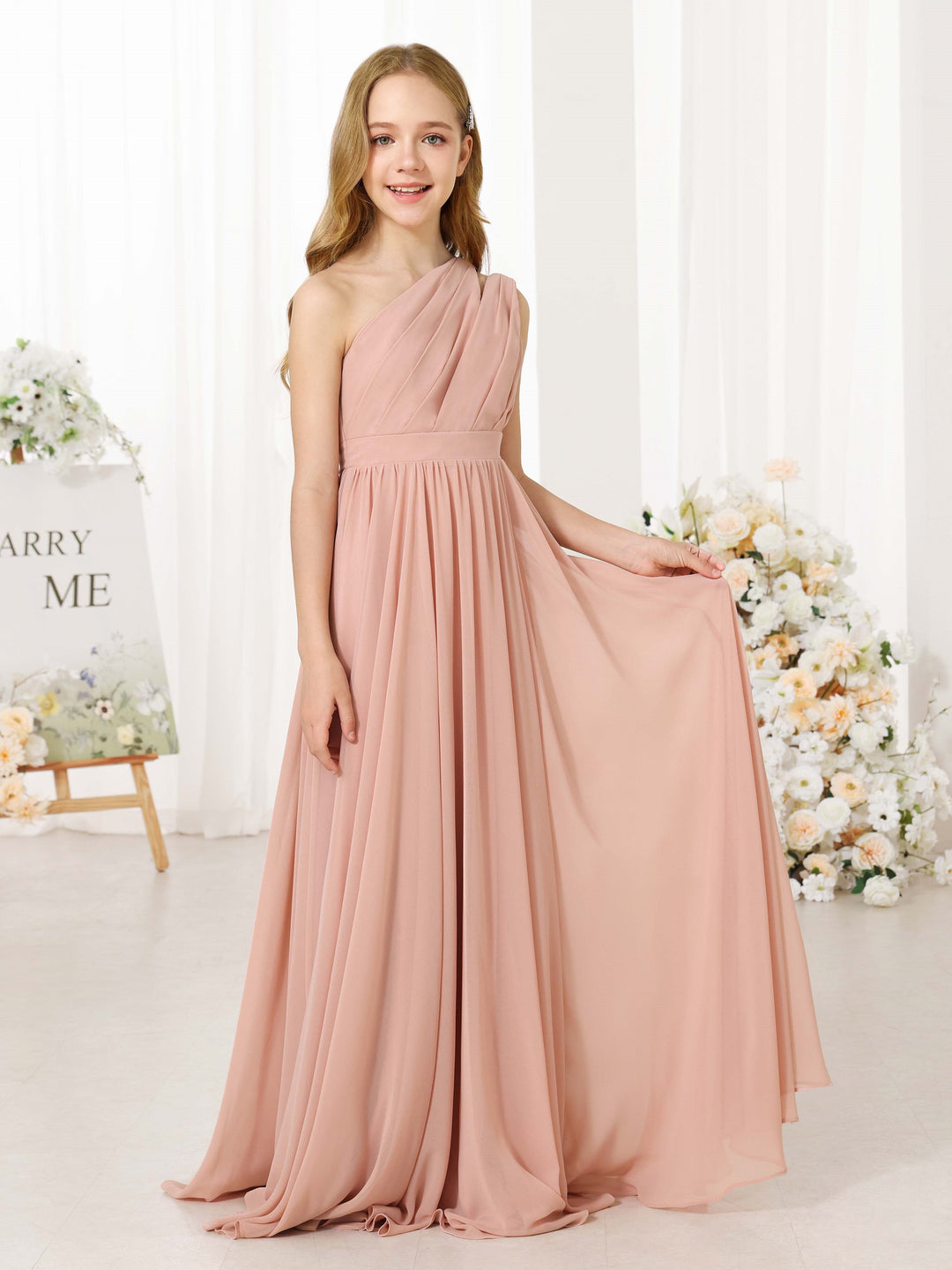 A-Line/Princess Chiffon Sleeveless One-Shoulder Floor-Length  Flower Girl Dresses