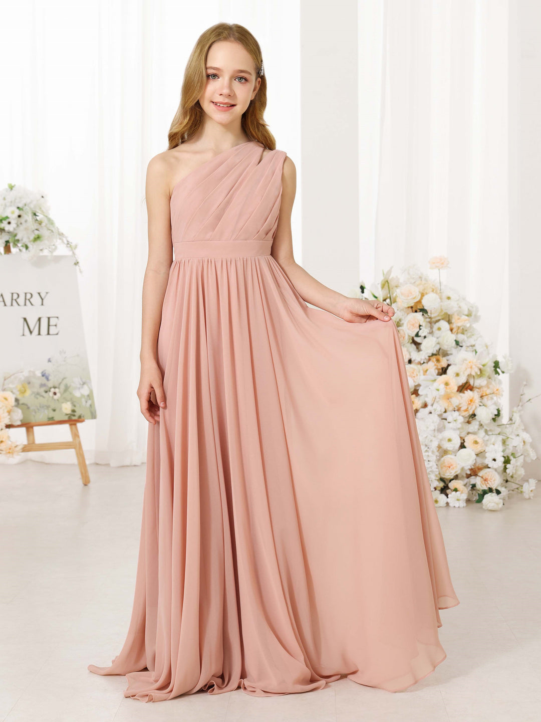 A-Line/Princess Chiffon Sleeveless One-Shoulder Floor-Length  Flower Girl Dresses