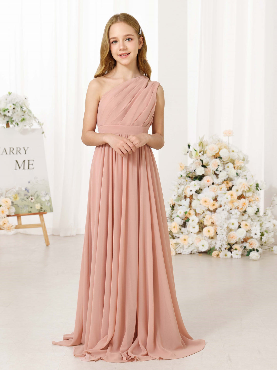 A-Line/Princess Chiffon Sleeveless One-Shoulder Floor-Length  Flower Girl Dresses