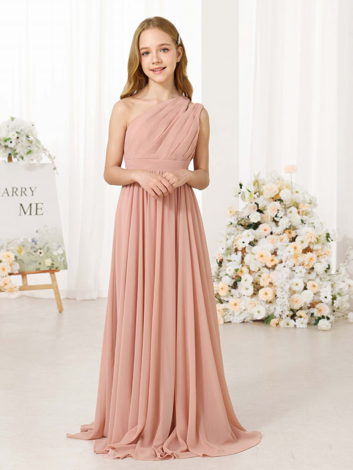 A-Line/Princess Chiffon Sleeveless One-Shoulder Floor-Length  Flower Girl Dresses