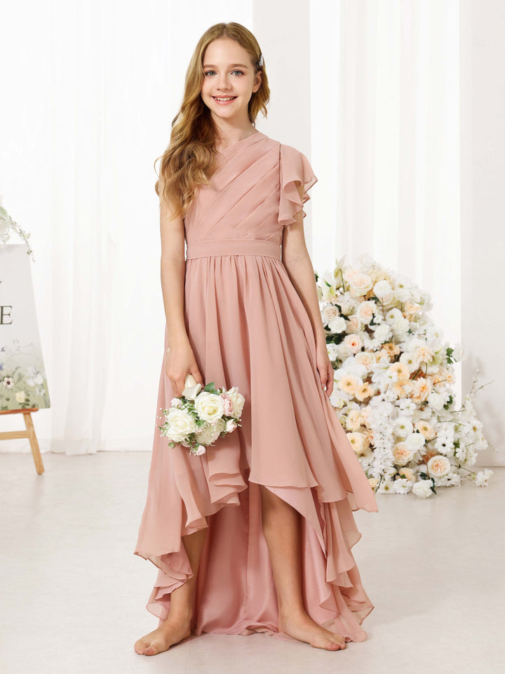 A-Line/Princess Chiffon Short Sleeves One-shoulder Asymmetrical  Flower Girl Dresses