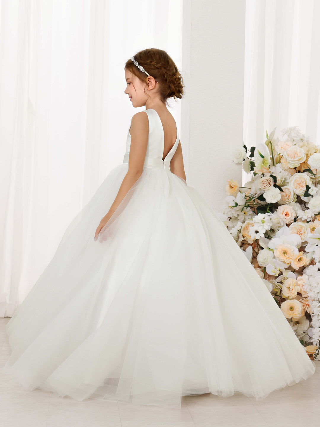 Ball-Gown Tulle Satin Sleeveless Scoop Neck Floor-Length  Flower Girl Dresses