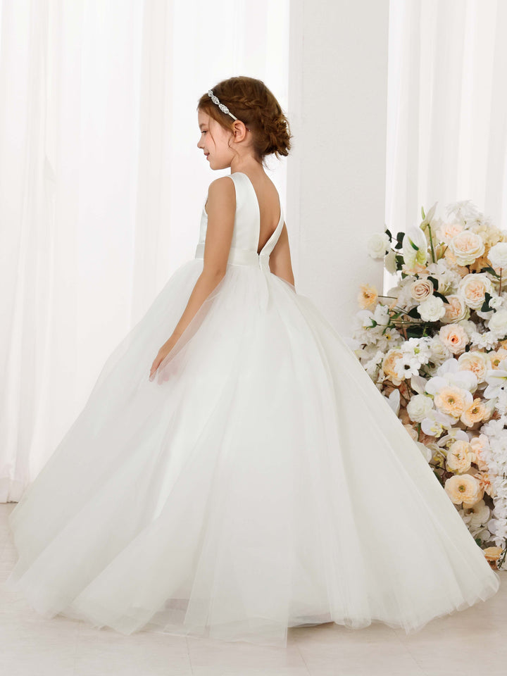 Ball-Gown Tulle Satin Sleeveless Scoop Neck Floor-Length  Flower Girl Dresses