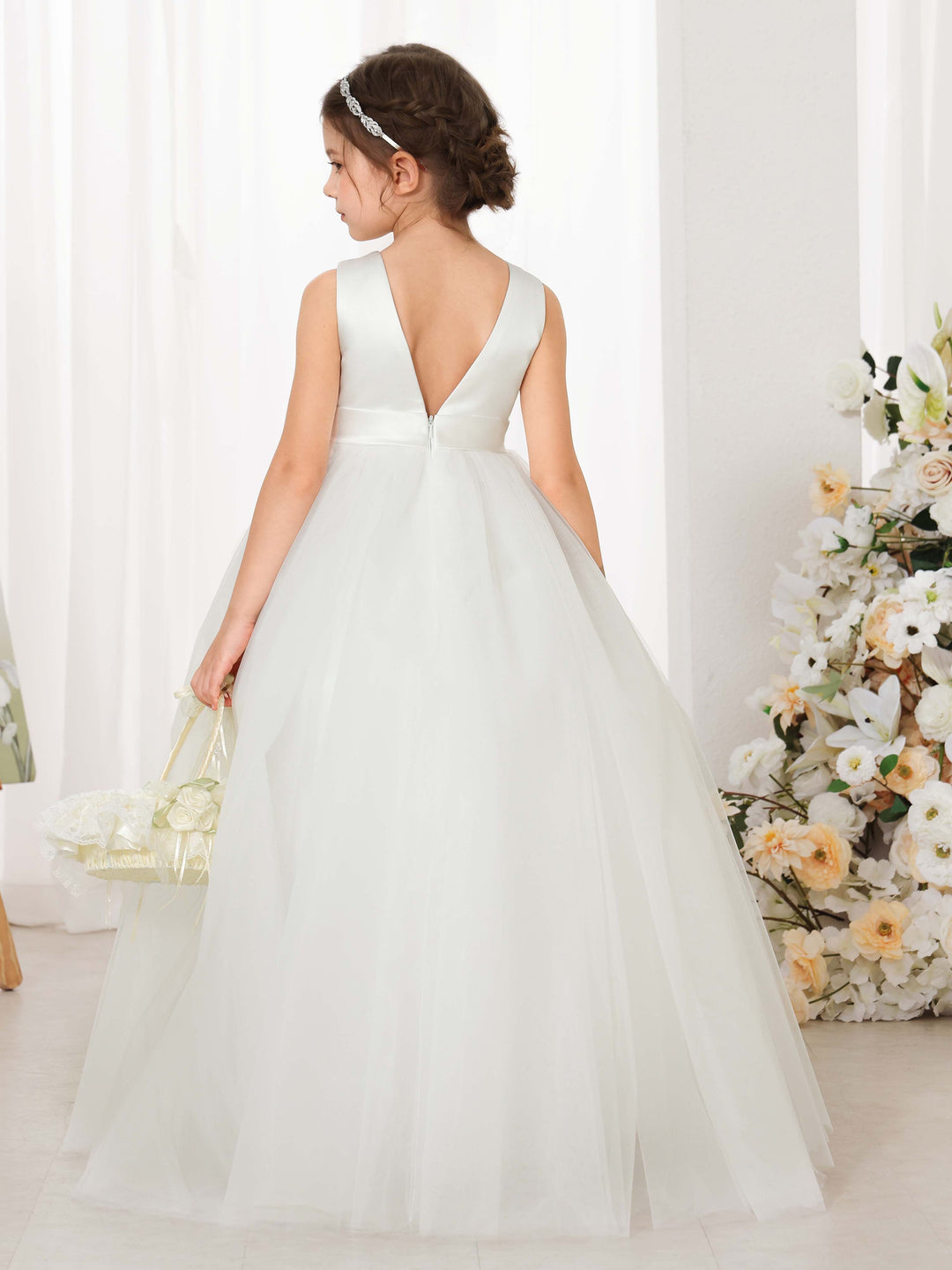 Ball-Gown Tulle Satin Sleeveless Scoop Neck Floor-Length  Flower Girl Dresses
