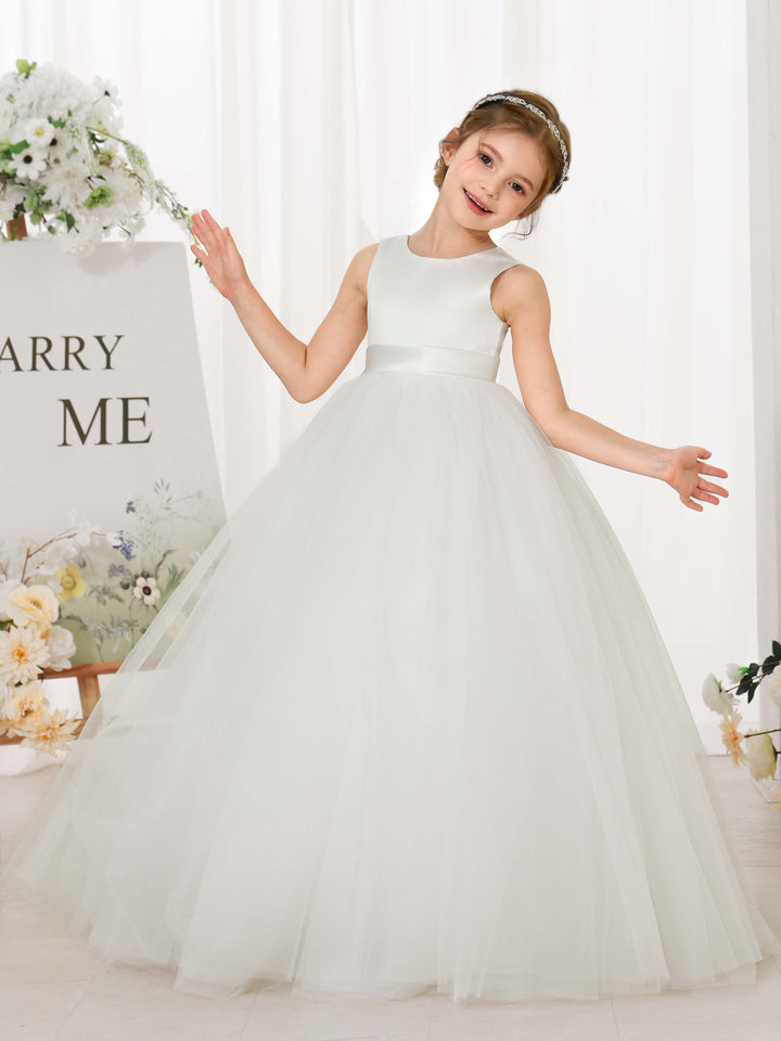 Ball-Gown Tulle Satin Sleeveless Scoop Neck Floor-Length  Flower Girl Dresses