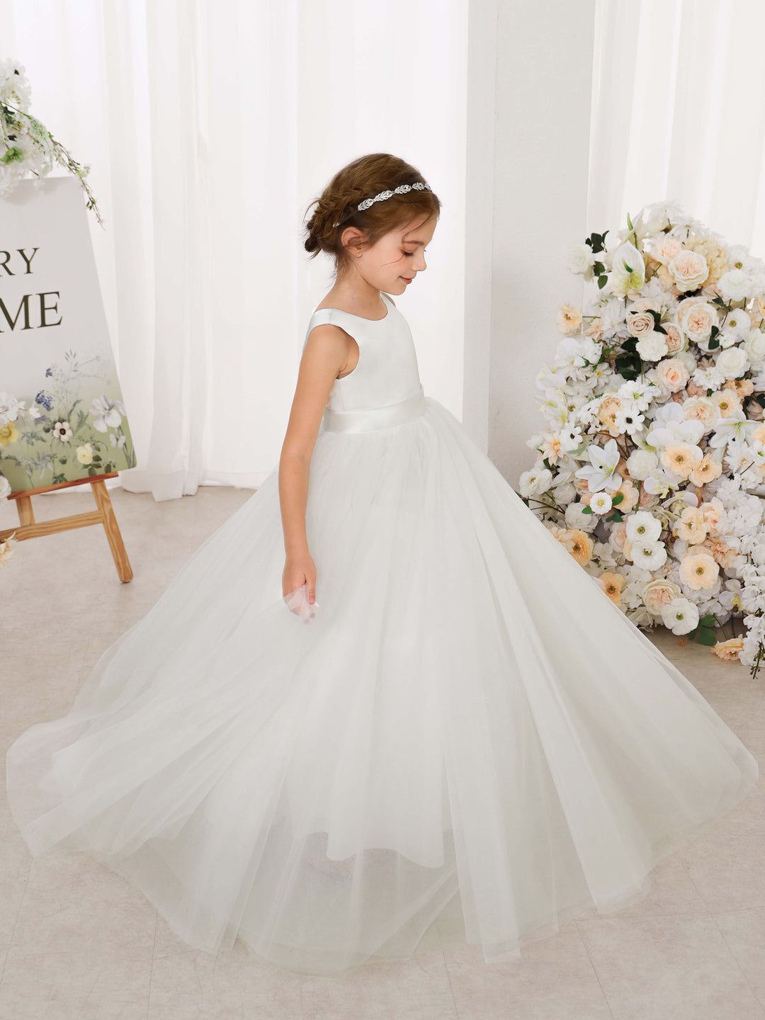 Ball-Gown Tulle Satin Sleeveless Scoop Neck Floor-Length  Flower Girl Dresses