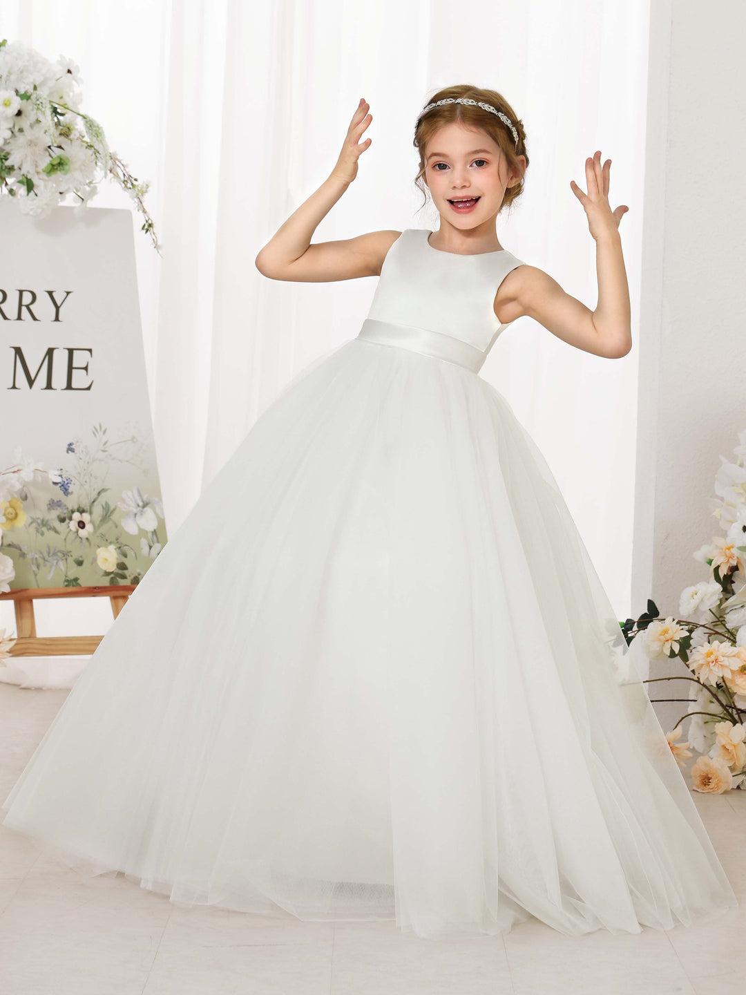 Ball-Gown Tulle Satin Sleeveless Scoop Neck Floor-Length  Flower Girl Dresses