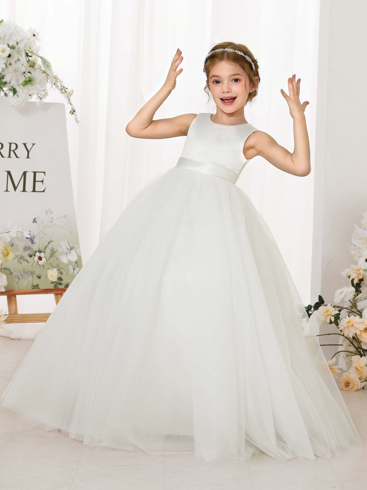 Ball-Gown Tulle Satin Sleeveless Scoop Neck Floor-Length  Flower Girl Dresses