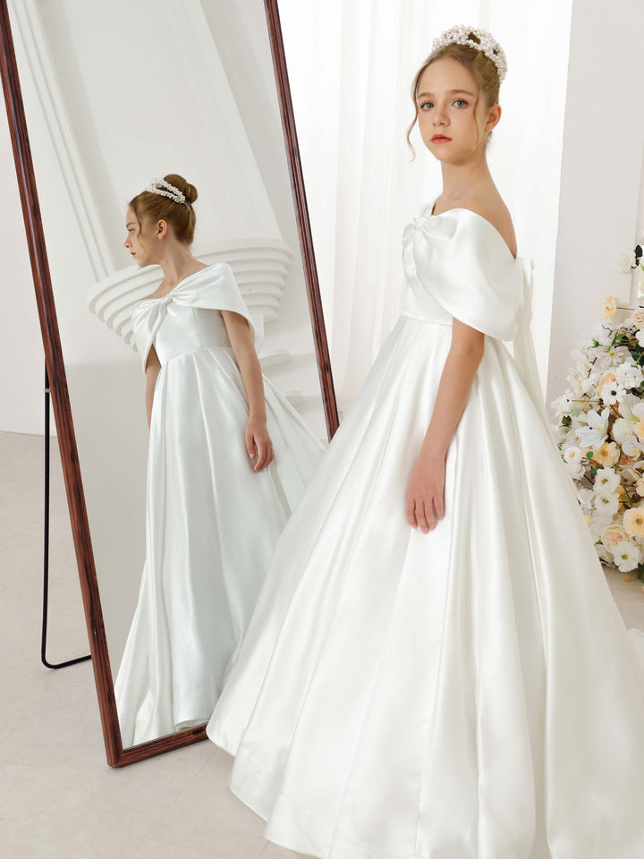Empire Satin Short Sleeves Off-the-shoulder Floor-Length  Flower Girl Dresses