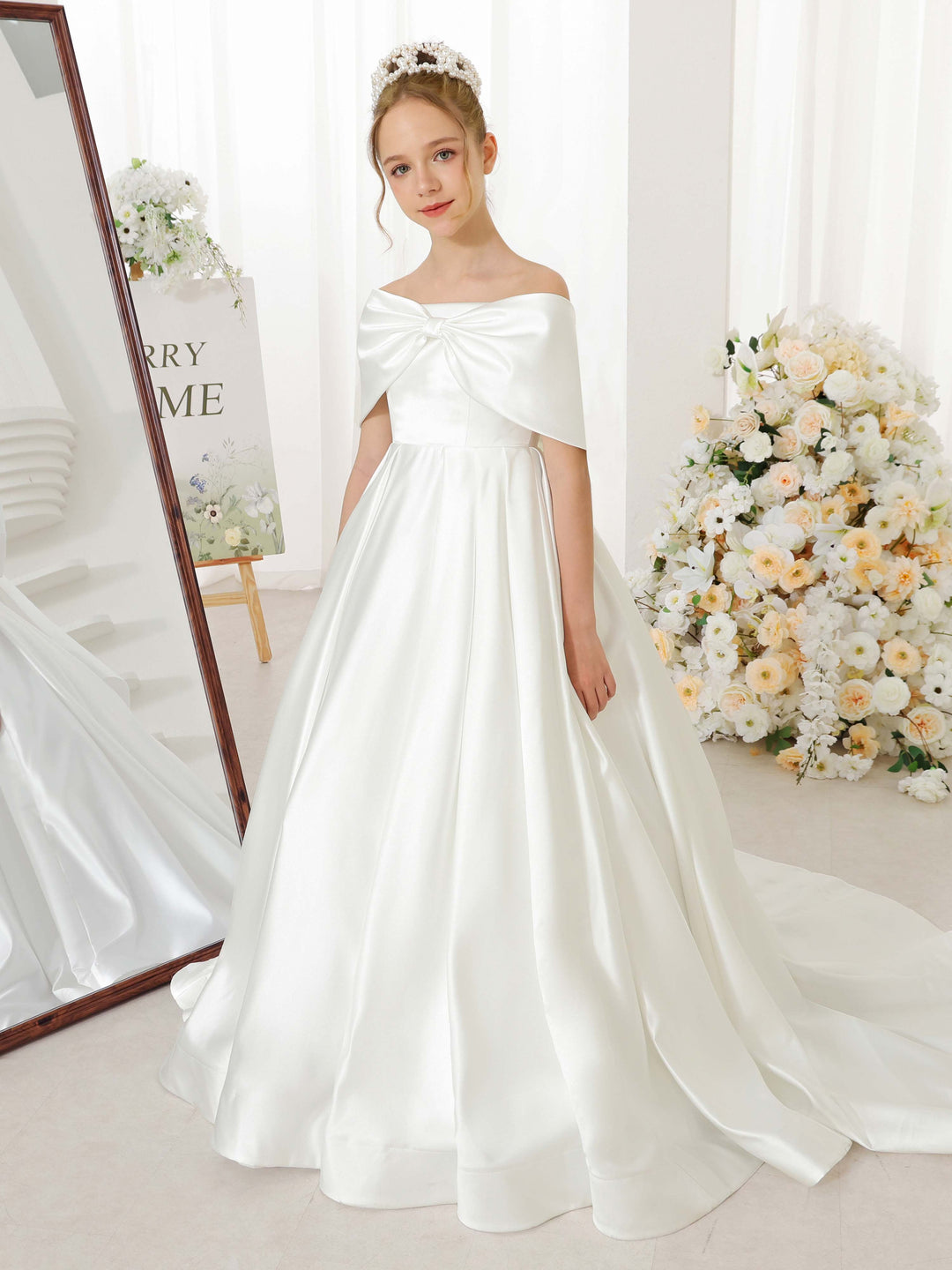 Empire Satin Short Sleeves Off-the-shoulder Floor-Length  Flower Girl Dresses