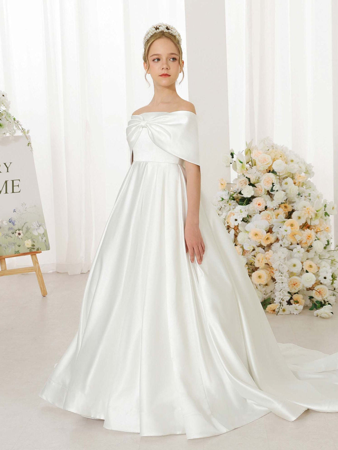 Empire Satin Short Sleeves Off-the-shoulder Floor-Length  Flower Girl Dresses