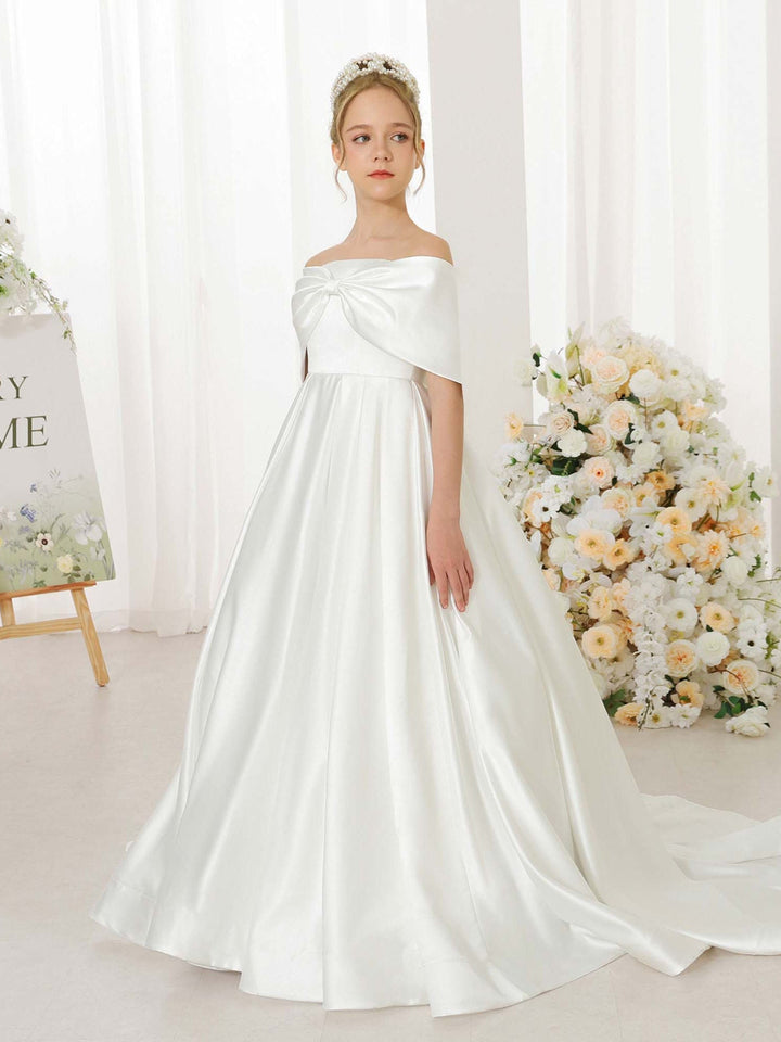 Empire Satin Short Sleeves Off-the-shoulder Floor-Length  Flower Girl Dresses