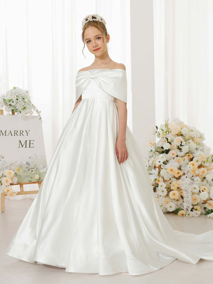 Empire Satin Short Sleeves Off-the-shoulder Floor-Length  Flower Girl Dresses