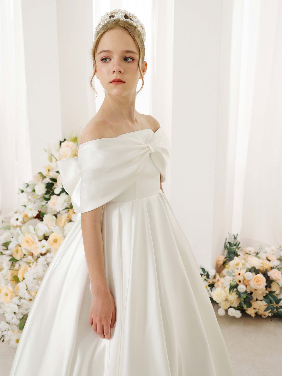 Empire Satin Short Sleeves Off-the-shoulder Floor-Length  Flower Girl Dresses