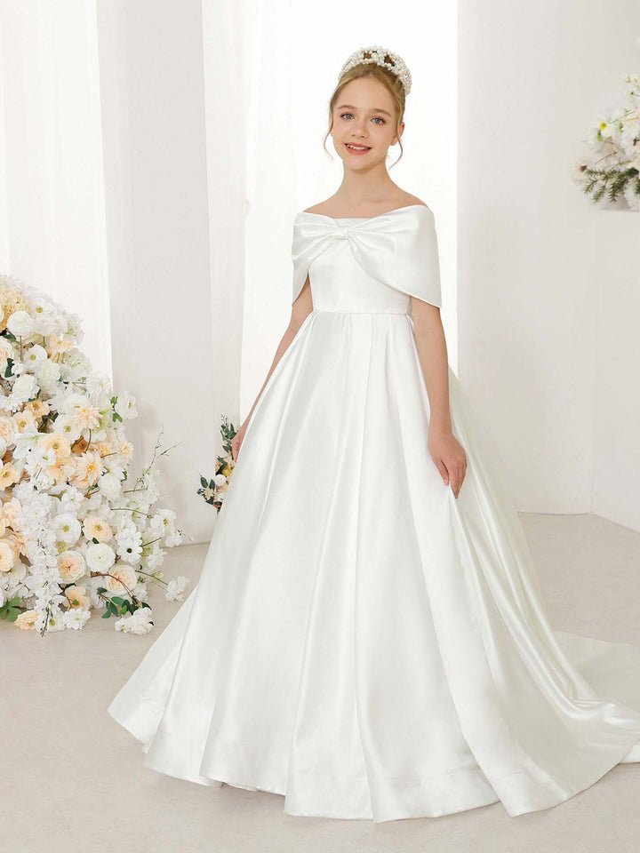 Empire Satin Short Sleeves Off-the-shoulder Floor-Length  Flower Girl Dresses