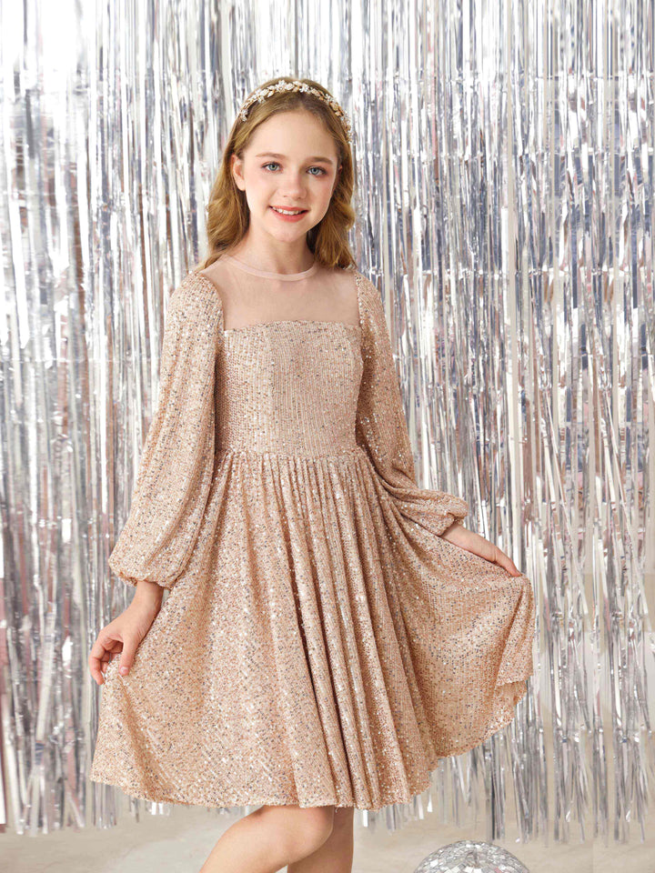 A-Line/Princess Sequin  Long Sleeves Scoop Neck Knee-Length Flower Girl Dresses