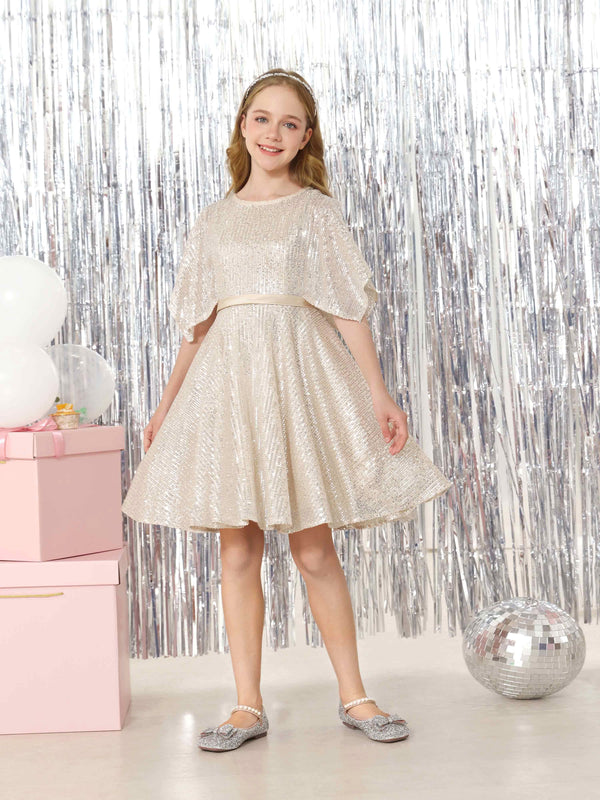 A-Line/Princess Sequin  Half Sleeves Scoop Neck Mini Flower Girl Dresses