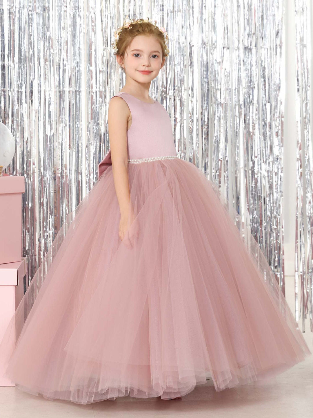 Ball-Gown Tulle  Satin Sleeveless Scoop Neck Floor-Length Flower Girl Dresses