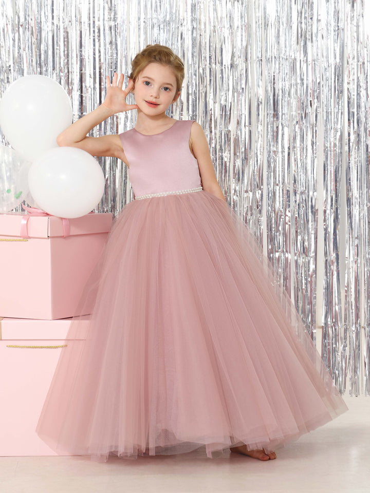 Ball-Gown Tulle  Satin Sleeveless Scoop Neck Floor-Length Flower Girl Dresses