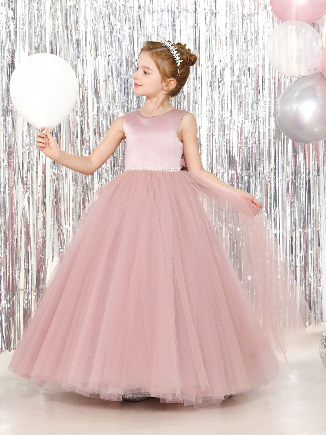 Ball-Gown Tulle  Satin Sleeveless Scoop Neck Floor-Length Flower Girl Dresses
