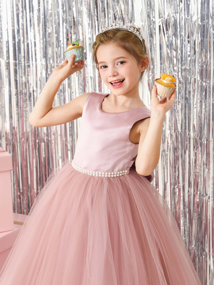 Ball-Gown Tulle  Satin Sleeveless Scoop Neck Floor-Length Flower Girl Dresses