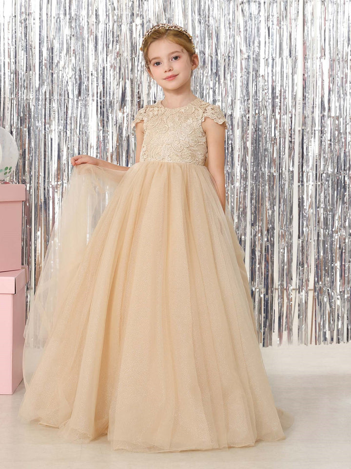 Ball-Gown Tulle  Short Sleeves Scoop Neck Floor-Length Flower Girl Dresses