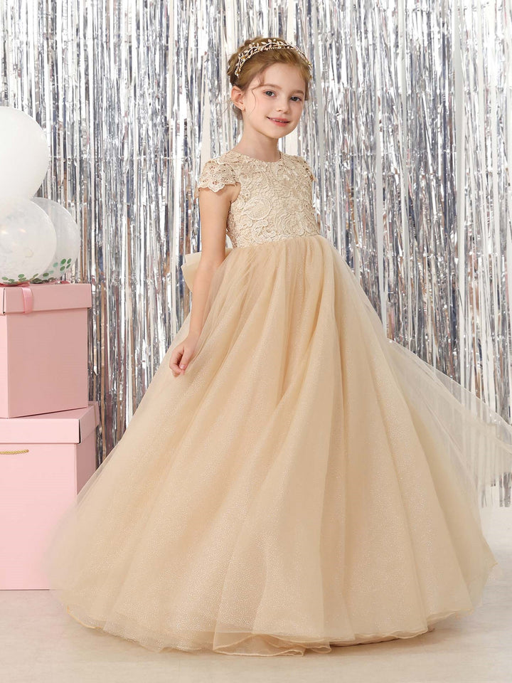 Ball-Gown Tulle  Short Sleeves Scoop Neck Floor-Length Flower Girl Dresses