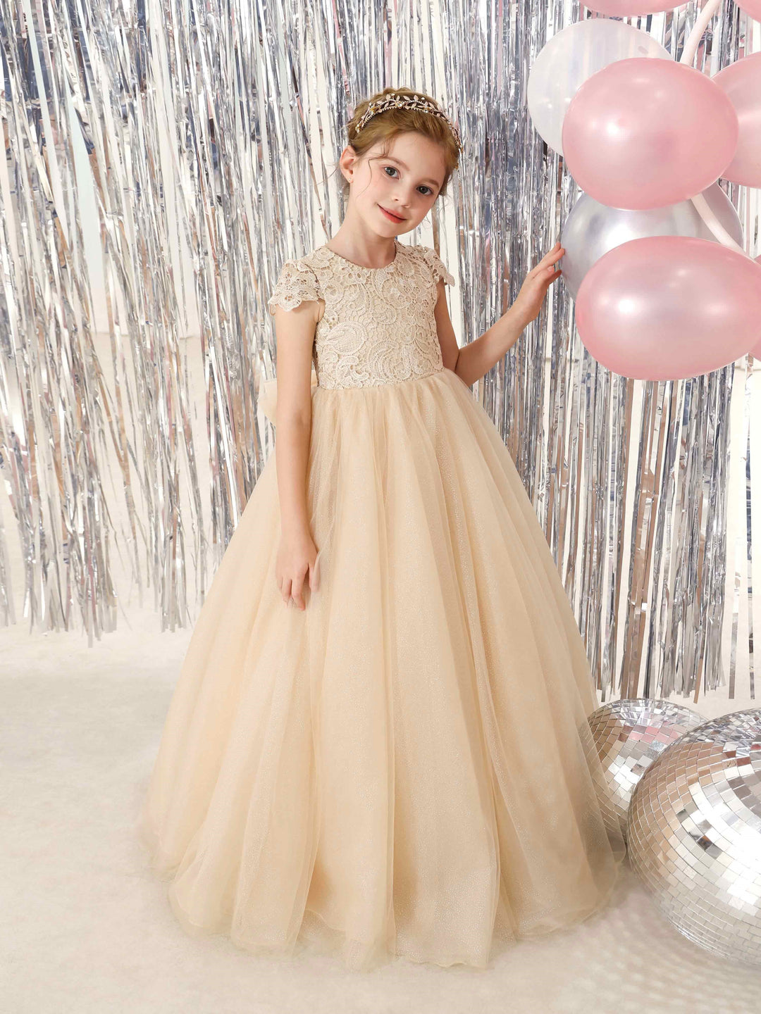 Ball-Gown Tulle  Short Sleeves Scoop Neck Floor-Length Flower Girl Dresses