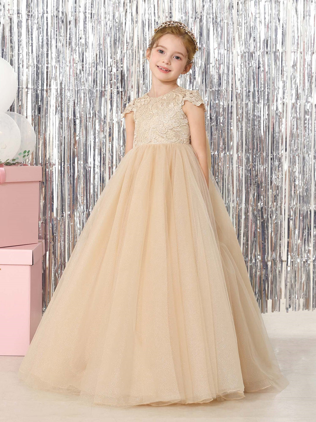 Ball-Gown Tulle  Short Sleeves Scoop Neck Floor-Length Flower Girl Dresses