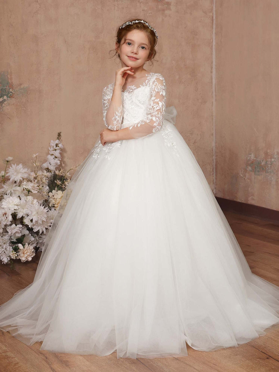 long sleeve flower girl dresses lace and tulle V Back Long Sleeves Lace Tulle Flower Girl Dress -