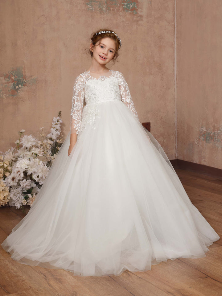 Ball-Gown Lace Tulle 3/4 Sleeves Scoop Neck Floor-Length Flower Girl Dresses
