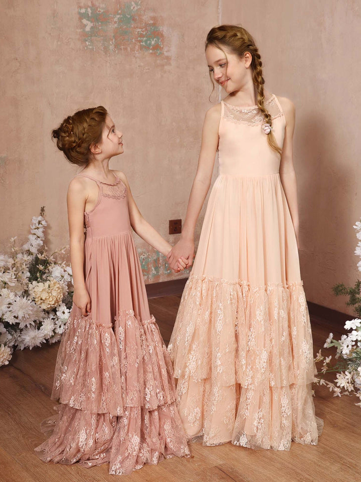 A-Line/Princess Lace Chiffon Sleeveless Scoop Neck Floor-Length Flower Girl Dresses