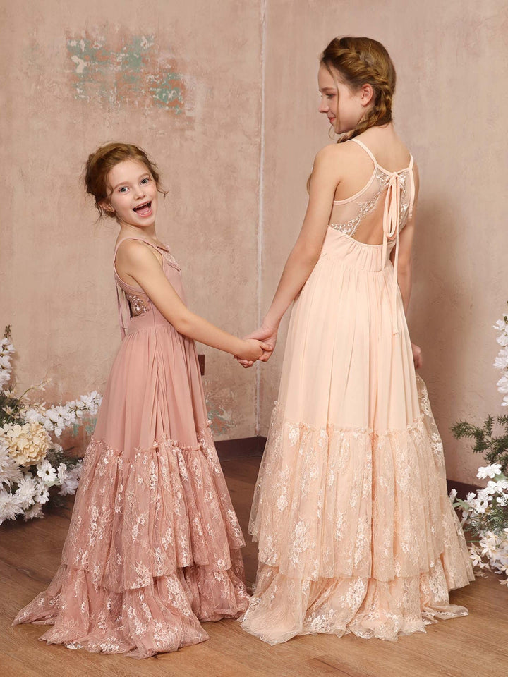 A-Line/Princess Lace Chiffon Sleeveless Scoop Neck Floor-Length Flower Girl Dresses