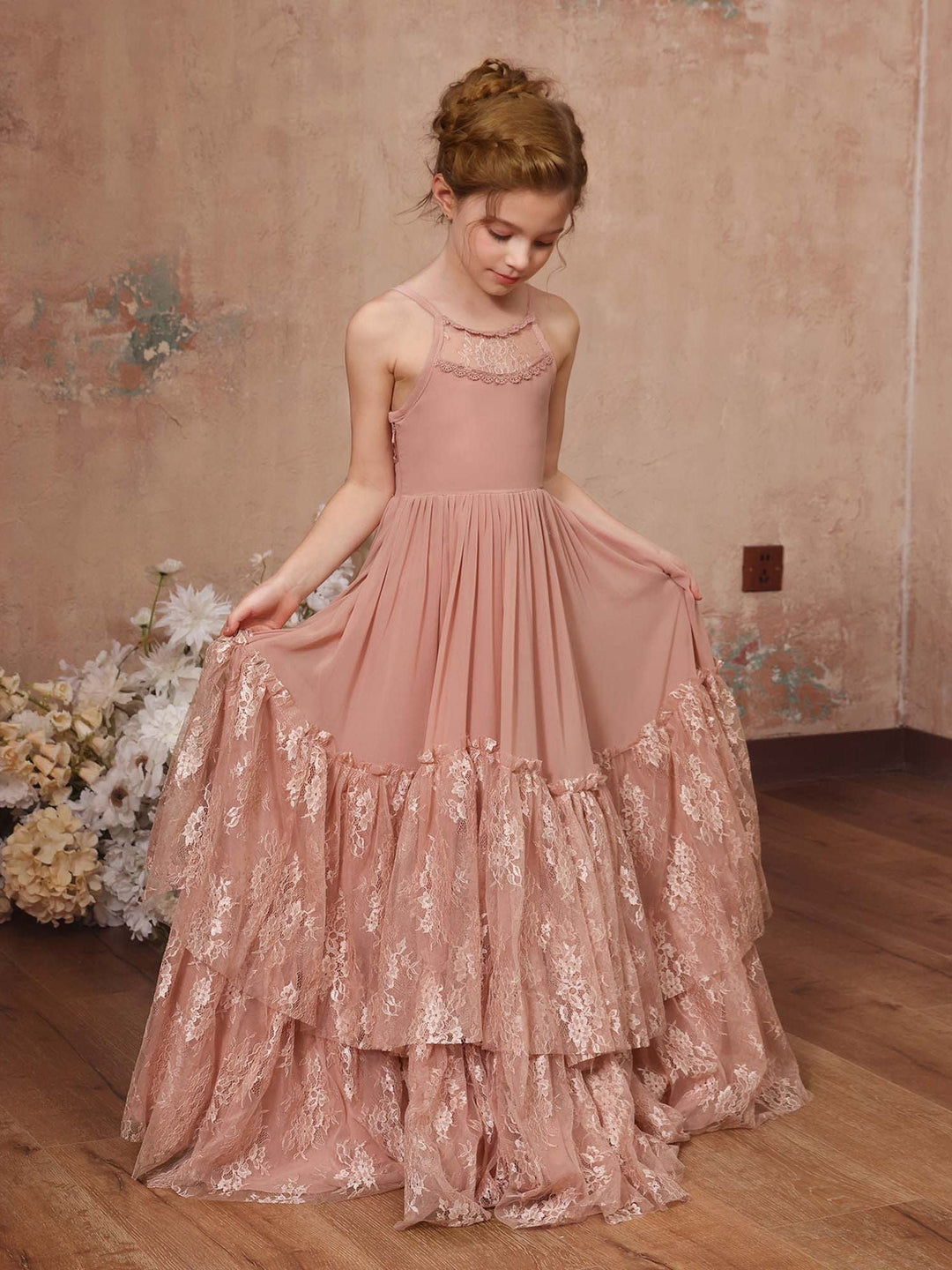 A-Line/Princess Lace Chiffon Sleeveless Scoop Neck Floor-Length Flower Girl Dresses