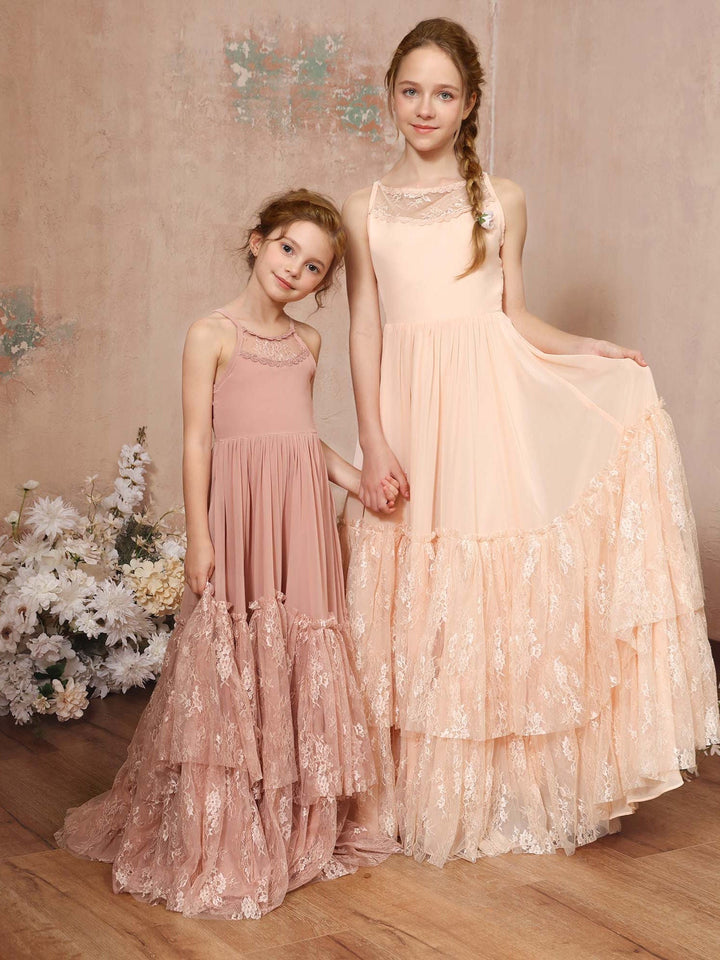 A-Line/Princess Lace Chiffon Sleeveless Scoop Neck Floor-Length Flower Girl Dresses
