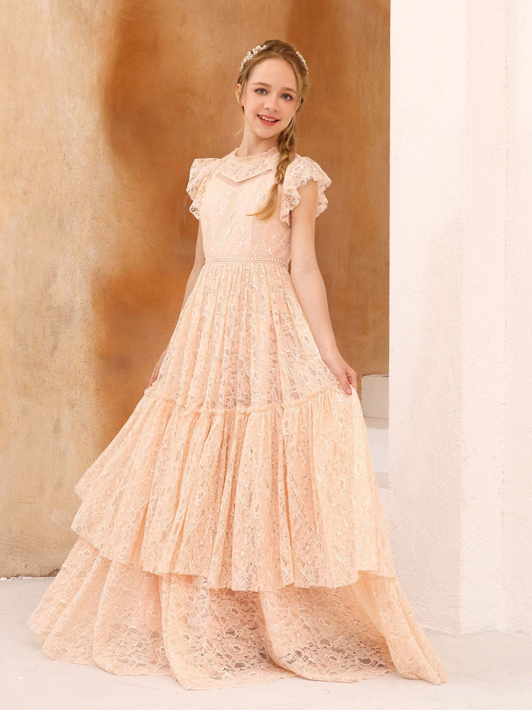 A-Line/Princess Lace Short Sleeves Scoop Neck Floor-Length Flower Girl Dresses