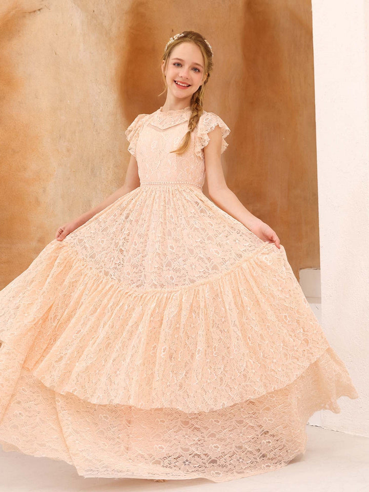 A-Line/Princess Lace Short Sleeves Scoop Neck Floor-Length Flower Girl Dresses