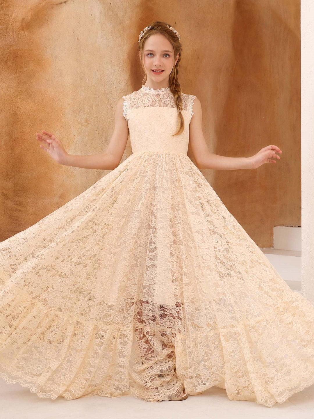 A-Line/Princess Lace Sleeveless Scoop Neck Floor-Length Flower Girl Dresses