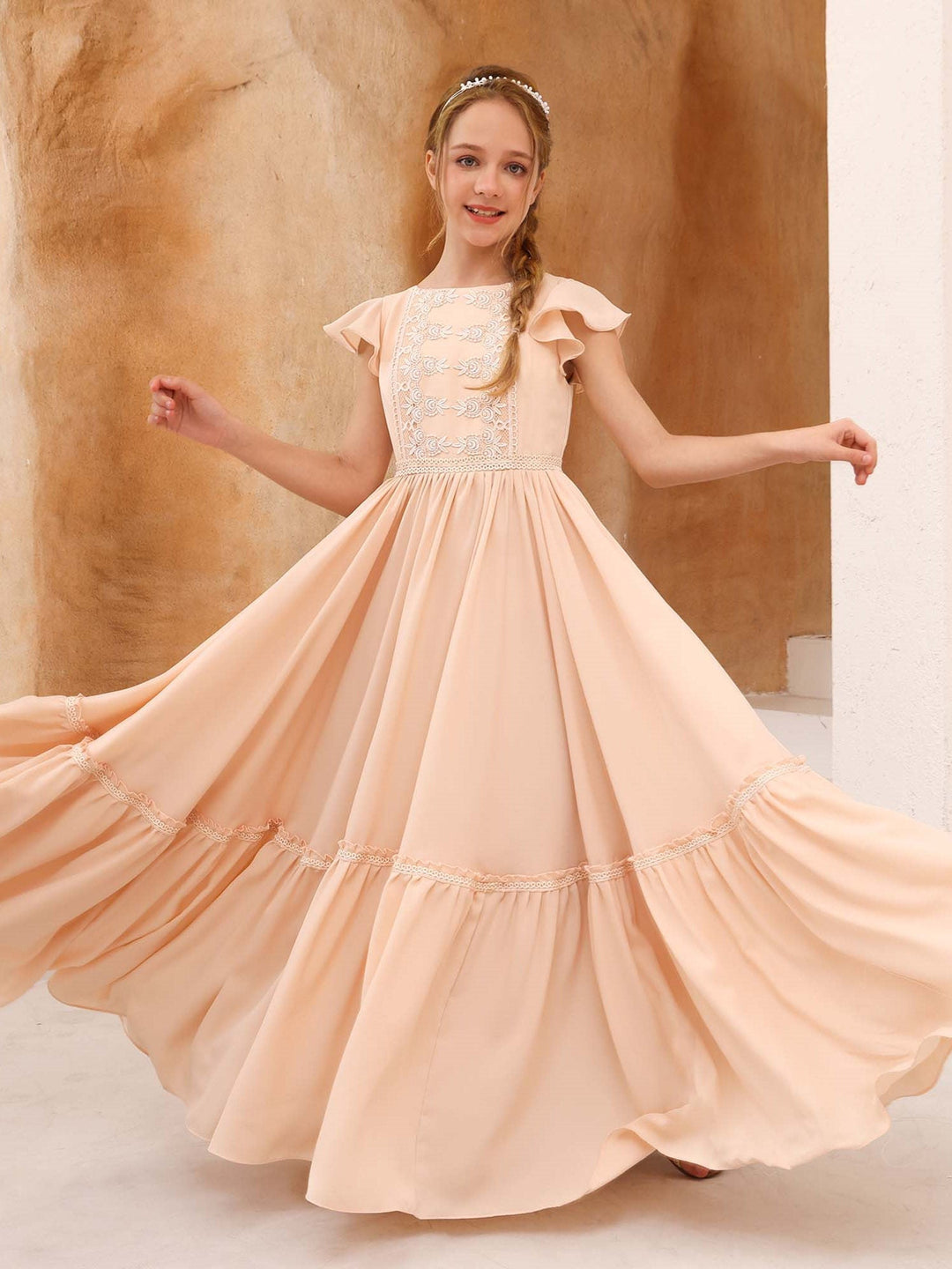 A-Line/Princess Chiffon Short Sleeves Scoop Neck Floor-Length Flower Girl Dresses