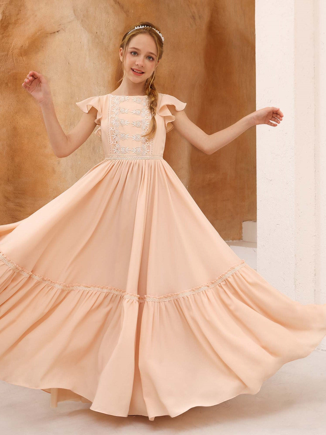 A-Line/Princess Chiffon Short Sleeves Scoop Neck Floor-Length Flower Girl Dresses