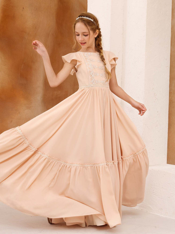 A-Line/Princess Chiffon Short Sleeves Scoop Neck Floor-Length Flower Girl Dresses