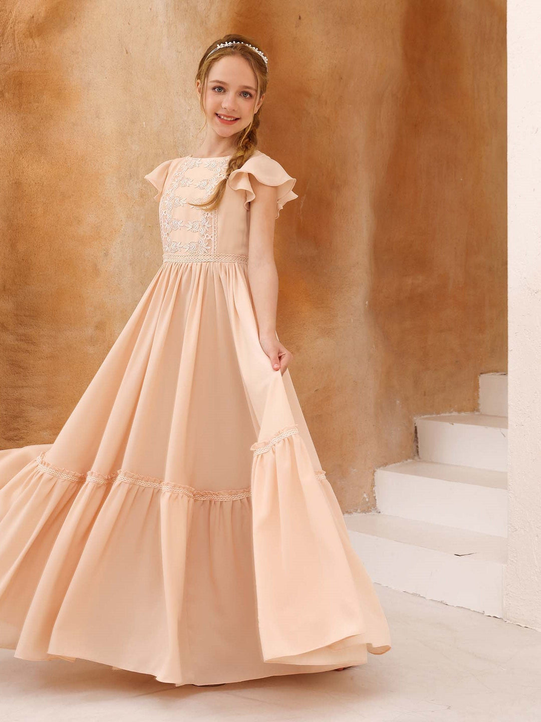 A-Line/Princess Chiffon Short Sleeves Scoop Neck Floor-Length Flower Girl Dresses