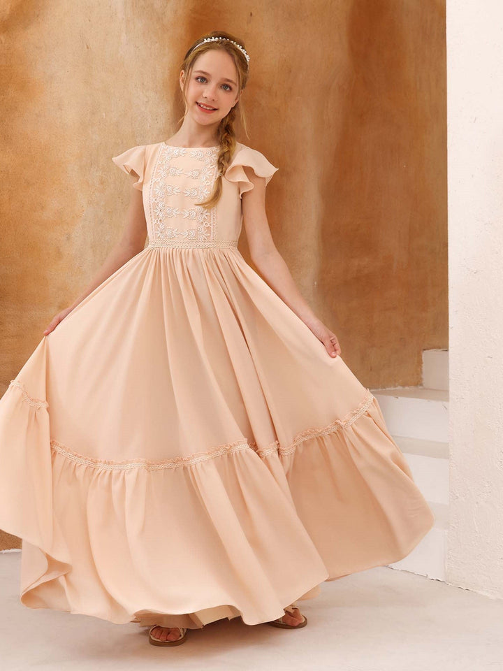 A-Line/Princess Chiffon Short Sleeves Scoop Neck Floor-Length Flower Girl Dresses