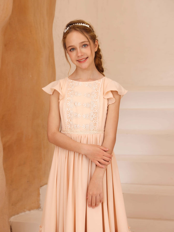A-Line/Princess Chiffon Short Sleeves Scoop Neck Floor-Length Flower Girl Dresses