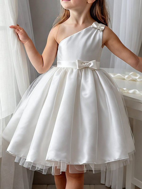 A-Line/Princess Satin One-Shoulder Sleeveless Knee-length Bow(s) Flower Girl Dresses