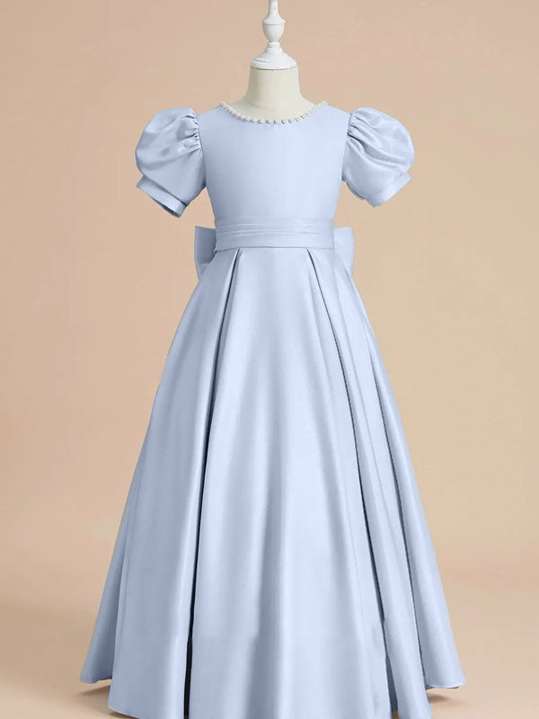 A-Line/Princess Satin Short Sleeves Floor-Length Beading Bow(s) Flower Girl Dresses, Mist