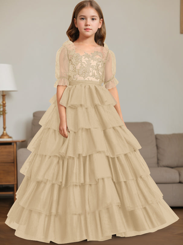 Ball-Gown Scoop Neck Sleeveless Floor-Length Flower Girl Dress with Lace